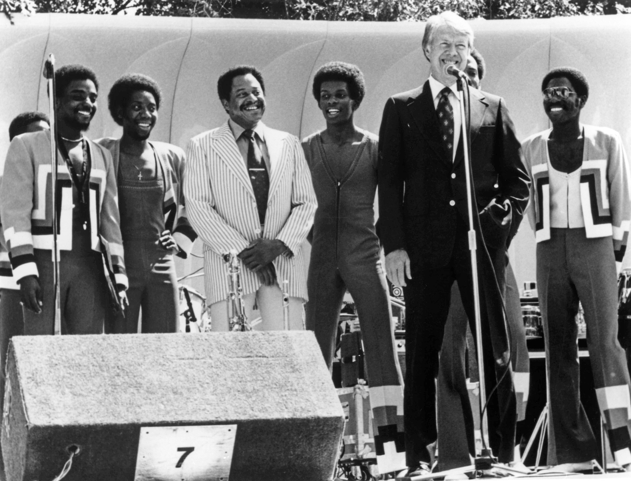President Jimmy Carter intoducing B.T. Express at the White House in 1977. Photo via Echoes/Redferns.